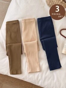 LMoss Kids LMoss 3件組女童純色修身休閒內搭褲，聖誕款，舒適秋冬款，溫暖舒適 - 彩色 - 查看 1