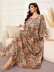 Lacomfia Plus Size Loose Fit Bamboo Linen Printed Fabric Dress With Patchwork Lace On Front Panel And Cuffs, Casual Style For Spring And Summer Daily Wear - Multicolor - View 5