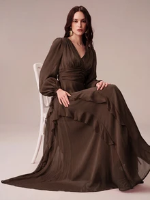 BELROSIE Lantern Sleeve Ruffle Trim Maxi Dress - Coffee - View 3