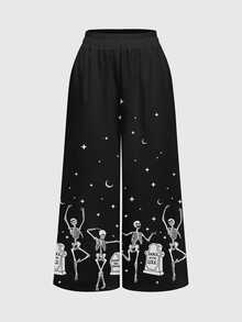 ROMWE Dark Gothic Little Devil Grave Halloween Dark Plus Size Pants - Black - View 1