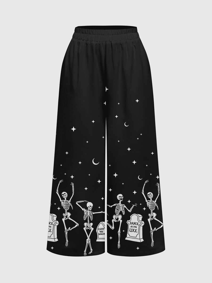 ROMWE Dark Gothic Little Devil Grave Halloween Dark Plus Size Pants - Black - View 1