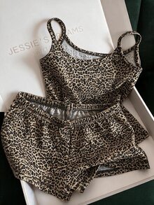 INAWLY Plus Size Women's Minimalist Fashion Casual Vacation Style Leopard Print Camisole Top And Shorts Set - Coffee Brown - View 1