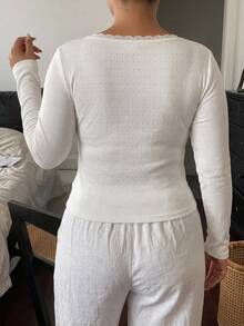 Dazy Plus Plus Size Women's Spring/Autumn Contrast Lace V-Neck All White Long Sleeve Base Layer T-Shirt Date Night Birthday Casual Romantic - White - View 5
