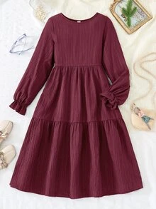 SHEIN 青少年女孩編織寬鬆休閒圓領洋裝，紅色 - 酒紅色 - 查看 1