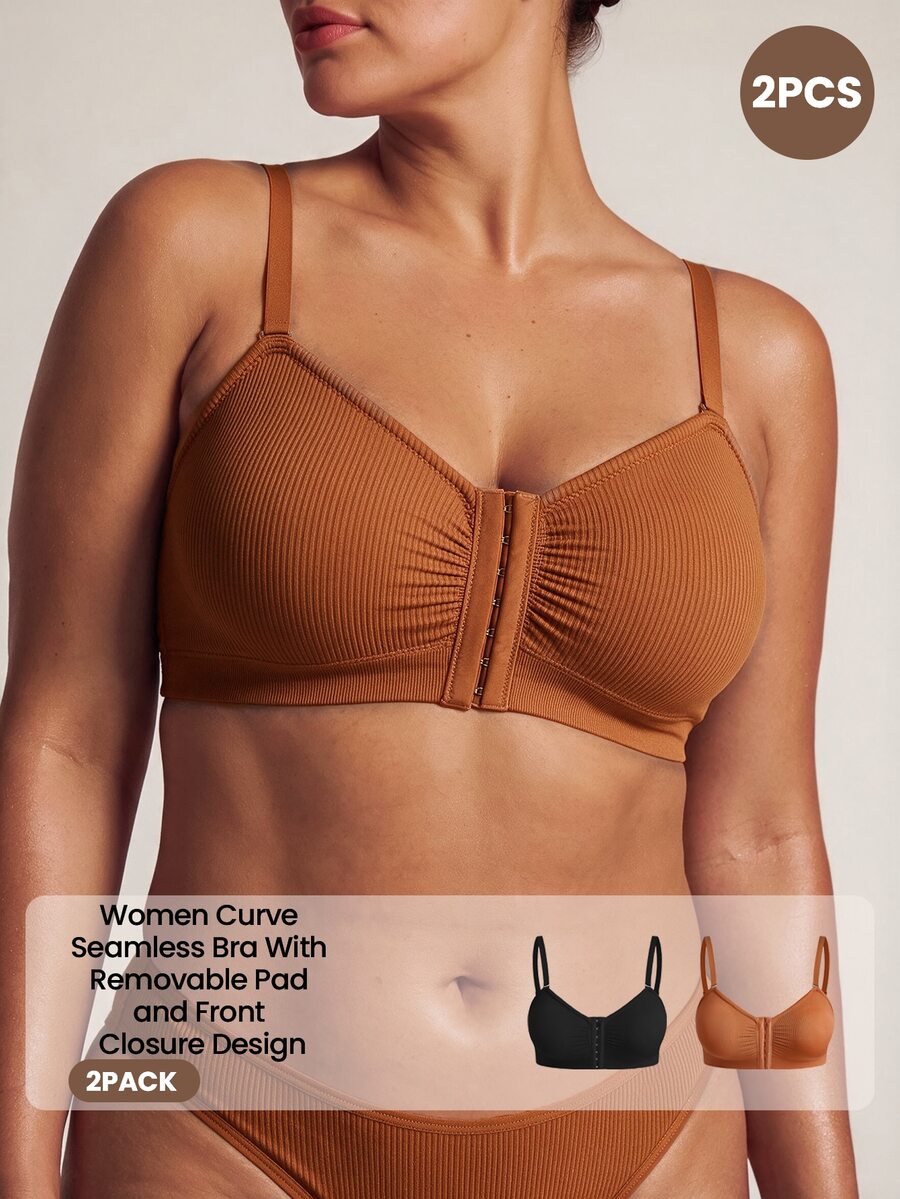Barelissa Seamless Plus Size 2-In-1 Women's Bra, Front Closure Bra 2pcs Set - Multicolor - View 1