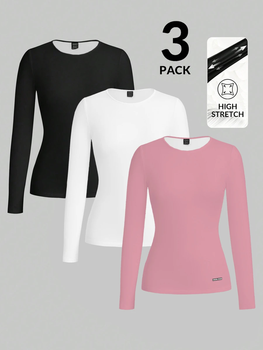 TaskEZ 3pcs/Pack Women's Long Sleeve Base Layer T-Shirts, Comfortable Solid Color Crew Neck Basics Uniform Tops, Suitable For Work Black All White Pink Fall - Multicolor - View 1
