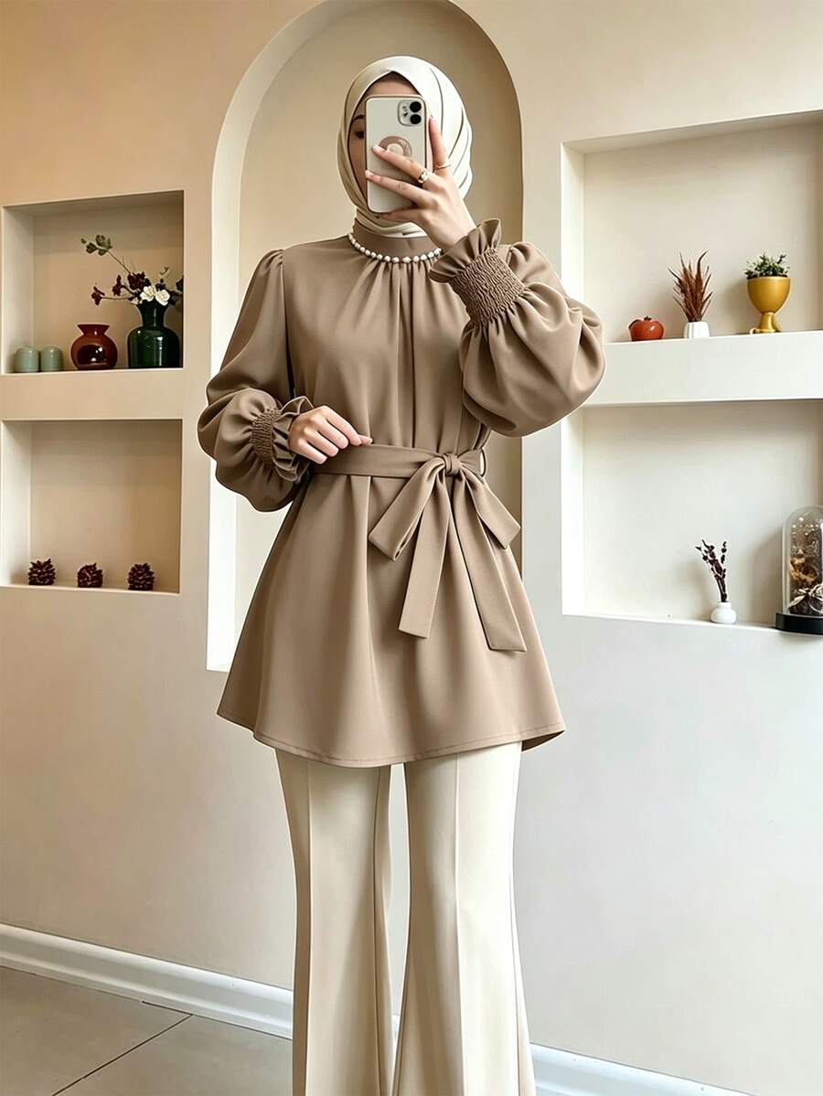 Celisse 女款純色仿珍珠裝飾立領長袖優雅襯衫 - 卡其色 - 查看 1