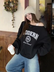 DAZY Women's Letter Print Asymmetrical Shoulder Drop Sleeve Casual Loose Sweatshirt - Black - View 3