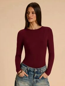 SHEIN BAE 女款純色露背長袖時尚休閒連身衣 - 酒紅色 - 查看 7