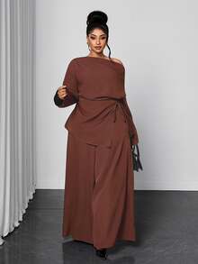 Maweii Plus Size Women's Solid Color One-Shoulder Long Sleeve Top And Wide Leg Pants 2 Pieces Set - Brown - View 4