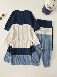 6-delat set för babypojke med mjuk stickad sweatshirt i kontrastfärg, rund hals, lång ärm och långbyxor med elastisk midja, mångsidigt och bekvämt - Blå - Visa 2