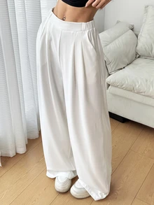 SHEIN EZwear 女款白色高腰百褶寬腿長褲，夏季 - 白色 - 查看 5