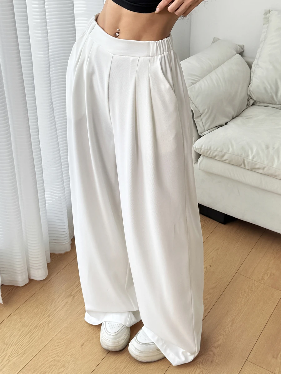 SHEIN EZwear Women's White High Waist Pleated Wide Leg Long Pants, Summer - White - View 1
