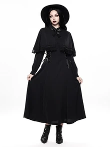 ROMWE Autumn/Winter Dark Gothic Halloween Lace Trim Vintage Elegant Waist-Cinched Maxi Dress - Black - View 3