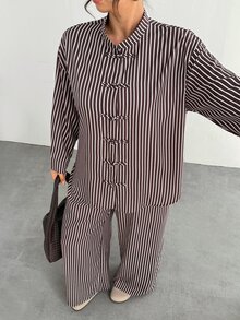 Firerie Brown Striped Plus Size Loose New Chinese Style Casual Set/Daily Streetwear Autumn 2 Pieces Set/New Chinese-Style Two Pieces Set / Autumn-Winter Outfit - Brown - View 2