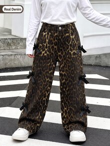 SHEIN Young Girl American Street Style Leopard Print Denim Jeans, Y2K Sweet & Cool Bowknot Cargo Straight Leg Pants, All-Season Versatile Long Pants - Coffee Brown - View 3