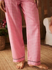 Lullawish Bohemian Vintage Plaid Print Contrast Trim Open Front Woven Women's Pajama Set - Multicolor - View 6