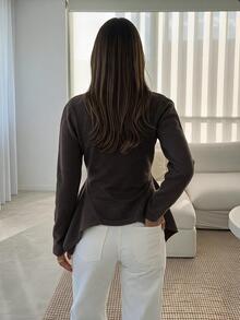 Siren Gaze Women's Solid Color High Neck Long Sleeve Asymmetric Hem Sweater - Chocolate Brown - View 5