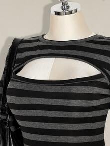 SHEIN ICON Plus Size Cutout Sexy Striped Colorblock Long Sleeve T-Shirt - Multicolor - View 9