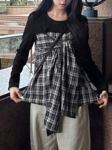 FRIFUL Women's Fashionable Plaid Patchwork Tie-Up 2 In 1 T-Shirt - Black - View 2
