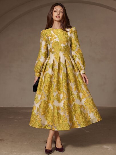 BELROSIE Women's Dress A-Line Slim Textured Jacquard Round Neck Long Sleeve Full Skirt Elegant Yellow Beige 3D Floral Jacquard French Vintage Party Dress