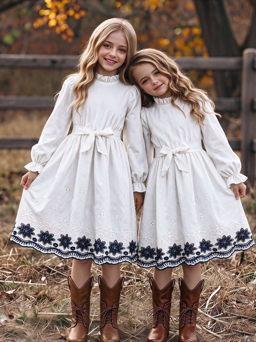 Tween Girls' Belted Mini Dress With Ruffled Hem & Waistband Decoration, Fall Dresses,Holiday,Summer,Travel, Outfit Autumn Fall - Multicolor - View 1
