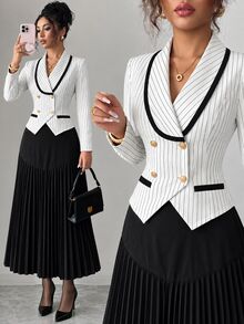 SHEIN Elenzya Women's Striped Button Blazer And Pleated Skirt Suit Set - Black and White - View 1