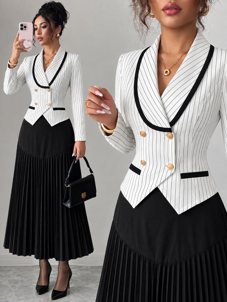 SHEIN Elenzya Women's Striped Button Blazer And Pleated Skirt Suit Set - Black and White - View 1