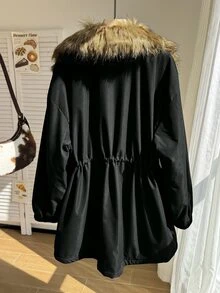CovetEZ Plus Size Women's Faux Fur Collar Long Sleeve Drawstring Waist Zipper Front Casual Winter Jacket - Army Green - View 2