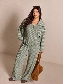 Elaquor 大尺碼女款休閒白色拉鍊外套長褲兩件套條紋套裝，適合秋季正式場合與假期 - 軍綠色 - 查看 5