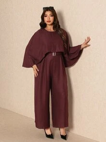 Elaquor Plus Size Women's Fashion Solid Color Belted Cape Wide Leg Jumpsuit - Burgundy - View 4