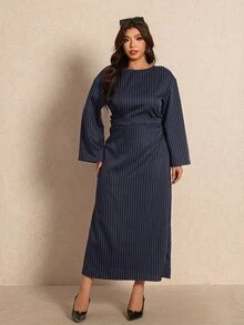Elaquor Gaun Elegan Wanita Ukuran Besar Bergaris Lengan Panjang dengan Desain Lipit - Navy Blue - View 5