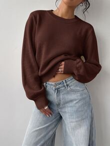 SHEIN BASICS 女款素色圓領長袖休閒基礎款寬鬆針織衫 淺黃色 秋冬日常早午餐上學穿搭 - 咖啡棕 - 查看 5