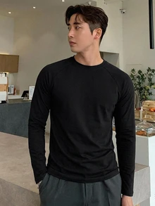 DAZY 春秋長袖圓領T恤 - 黑色 - 查看 3