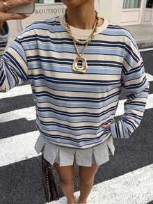 SHEIN EZwear 休閒簡約圓領長袖寬鬆T恤，適合夏季 - 藍色 - 查看 5