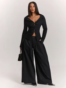 SHEIN BAE 女款素色百褶寬腿寬鬆休閒西裝長褲 - 黑色 - 查看 3