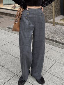 FRIFUL Women's Waist Button Design Pocket Plaid Straight Leg Pants - Brown - View 1