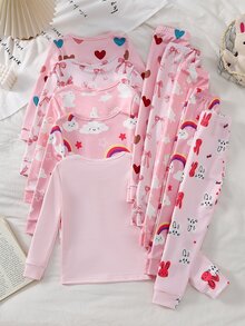 Girls Sweet Cute Comfortable Soft Thick Thermal Lined Fitted Fabric Pink Rabbit Bow Heart Rainbow Cloud Print Round Neck Pullover Long Sleeve Top And Pants Loungewear Set 2pcs - Multicolor - View 2