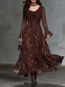 Solivie Women's Autumn Mesh Patchwork Jacquard Burgundy Dress, Party & Gathering Outfit - Coffee - View 2