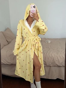 Softscene 女款冬季毛絨粉色格紋櫻桃印花連帽睡袍 - 黃色 - 查看 6