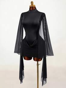 Mistrie Women's Contrast Mesh Bell Sleeve Pleated Fashion Sexy Backless Dress - Black - View 9