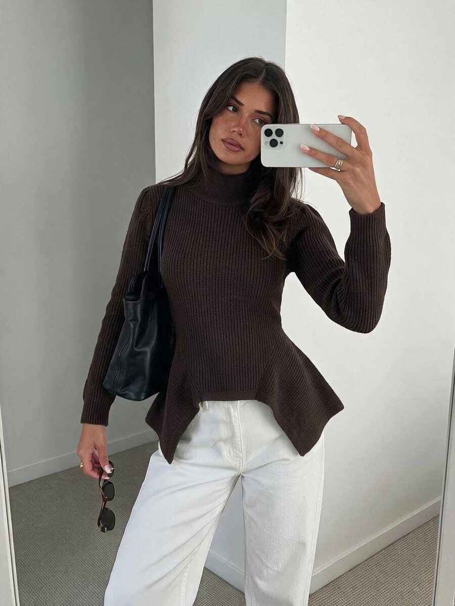 Siren Gaze Women's Solid Color High Neck Long Sleeve Asymmetric Hem Sweater - Chocolate Brown - View 1