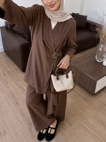 Solavon Women's Brown Overlap V-Neck Metal Buckle Decor Long Sleeve Top And Pants 2 Pieces Set - Brown - View 2