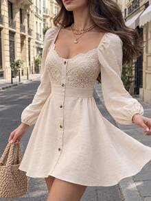 Cévolie Women's Solid Color Button Decor Lace Patchwork Long Sleeve Simple Versatile Dress - Apricot - View 1