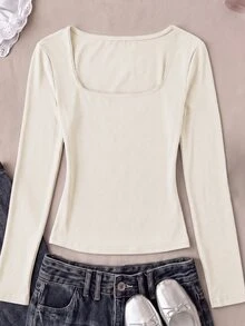SHEIN 青少年女孩 T-Shirt，領口彈性修身款－百搭極簡長袖 T-Shirt，舒適穿著 - 杏色 - 查看 5