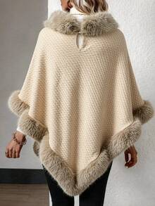 Balvessa Women's Solid Color Patchwork Faux Fur Fashion Cape Regular Coat - Khaki - View 2