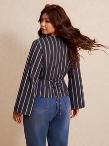 Elaquor Plus Size Women's Striped Flared Sleeve Pleated Asymmetric Hem Casual Shirt - Brown - View 2