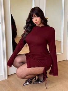 GalTyme Plus Size Solid Color Lace Patchwork Side Slit Dress Fall - Burgundy - View 7