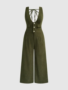 Sweetra Plus Size Vintage Corduroy Deep V Neck Sleeveless Jumpsuit, Button Waist Elastic Wide Leg Long Overall - Army Green - View 1