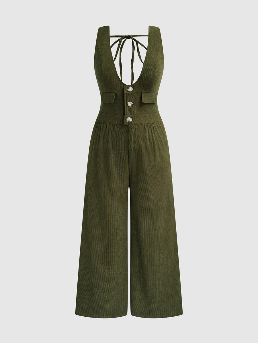 Sweetra Plus Size Vintage Corduroy Deep V Neck Sleeveless Jumpsuit, Button Waist Elastic Wide Leg Long Overall - Army Green - View 1